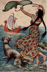 Frank C Pape - 'The black-browed maid stood upon the bank as the red ship ... sailed away from Novgorod' from ''The Russian Story Book'' (1916)