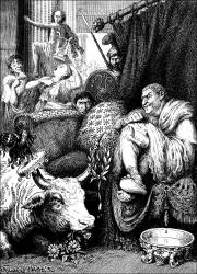 Frank C Pape - 'A plough-ox ... broke into the room' for 'T Flavius Vespasianus Augustus' from ''Suetonius' Lives of the Twelve Caesars'' (1930)