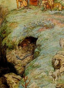 Frank C Pape - Detail from 'The Shepherds take Christian and Hopeful to the top of the Hill of Error'