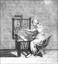 Engraving - Hans Holbein image known as 'Penelope at the loom' from ''Moriae Encomium'' (''The Praise of Folly'' or ''L'Eloge de la Folie'')