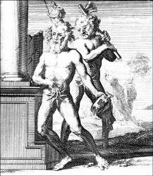Engraving - Hans Holbein image known as 'Jupiter and Vulcan' from ''Moriae Encomium'' (''The Praise of Folly'' or ''L'Eloge de la Folie'')