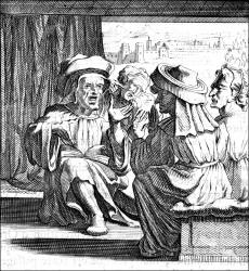 Engraving - Hans Holbein image known as 'A Theological Dispute' from ''Moriae Encomium'' (''The Praise of Folly'' or ''L'Eloge de la Folie'')