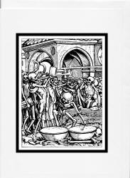 Greeting Card sample showing an image of an illustration from the 1539 Edition of ''Der Todten-Tantz'' (''The Dance of Death''), illustrated by Hans Holbein