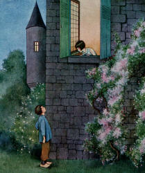 Ida Rentoul Outhwaite - '''Arlette,'' whispered Pierre, ''can you come down?''' from ''Bunny and Brownie - The Adventures of George and Wiggle'' (1930)
