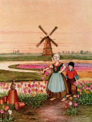 Ida Rentoul Outhwaite - 'A little girl and a little boy were coming towards him through the tulips' from ''Bunny and Brownie - The Adventures of George and Wiggle'' (1930)
