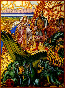 Ivan Bilibin - ''Dobrynia Nikitich frees Zabava Putiatichna from Gorynych the Dragon