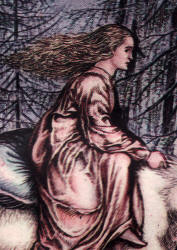 Detail from Reginald Knowles' ''Well! mind and hold tight by my shaggy coat, and then there's nothing to fear,' said the Bear' from the tale 'East of the Sun and West of the Moon' in ''Norse Fairy Tales''