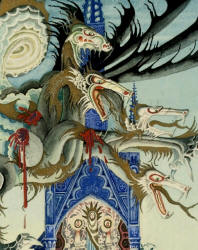 Detail from Kay Nielsen's 'The the dragon made a dart at the hunter, but he swung his sword round and cut off three of the beast's heads' from the tale 'The Two Brothers' in ''Hansel and Gretel and other Stories from the Brothers Grimm''
