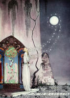 Kay Nielsen - 'She could not help setting a door a little ajar, just to peep in, when - Pop! out flew the Moon' for the tale 'The Lassie and her Godmother' in ''East of the Sun and West of the Moon'' (1914)