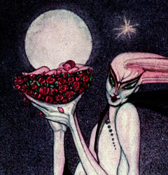 Detail from Kay Nielsen's 'The good Fairy placed her own baby in a cradle of roses and gave command to the Zephyrs to carry him to the tower' from ''In Powder and Crinoline''