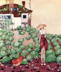 Kay Nielsen - 'Felicia listening to the hen's story' of the tale 'Felicia; or, The Pot of Pinks' from ''In Powder and Crinoline'' (1913)