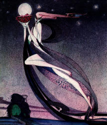 Kay Nielsen's 'The good Fairy placed her own baby in a cradle of roses and gave command to the Zephyrs to carry him to the tower' from ''In Powder and Crinoline''