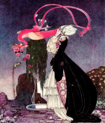 Kay Nielsen - '''I have had such a terrible dream,'' she declared, ''... a pretty bird swooper down, snatched it from my hands and flew away with it''' of the tale 'Rosanie; or, The Inconstant Prince' from ''In Powder and Crinoline'' (1913)