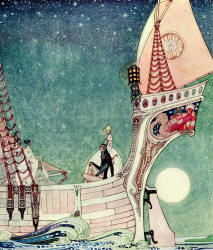 Kay Nielsen - 'The ship headed about and sped over the depths of the sea' of the tale 'The Man Who Never Laughed' from ''In Powder and Crinoline'' (1913)