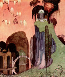 Kay Nielsen - 'List, ah, list to the zephyr in the grove! Where beneath the happy boughs Flora builds her summerhouse; Whist! ah, whist! while the cushat tells his love' of the tale 'Felicia; or, The Pot of Pinks' from ''In Powder and Crinoline'' (1913)