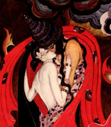 Detail from Kay Nielsen's 'The Dervish's cousin and his sister hidden in their vault under the earth perish in the fire of the Almight's anger' for ''Thousand Nights and a Night''