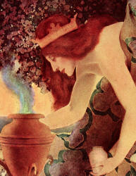 Detail from Maxfield Parrish's 'And she proceeded to burn perfume and repeat spells until the sea foamed and was agitated' from ''The Arabian Nights''