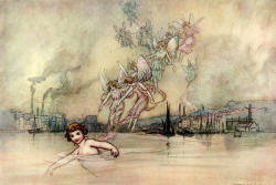 Warwick Goble - 'Past the great town, with its wharfs, and mills, and tall smoking chimneys' from ''The Water-babies, a fairy tale for a Land-baby''