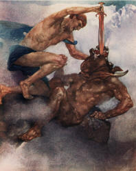 William Russell Flint - 'Theseus caught him by the horns, and forced his head back, and drove the keen sword through his throad' from ''The Heroes; or, Greek Fairy Tales for My Children'' (1912)