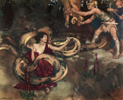 William Russell Flint - 'But Medeia called gently to him, and he stretched out his long spotted neck, and licked her hand' from ''The Heroes; or, Greek Fairy Tales for My Children'' (1912)
