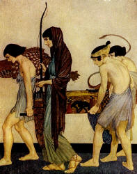 William Russell Flint - 'She set forth to go to the hall to the company of the proud wooers, with the back-bent bow in her hands, and the quiver for the arrows' from ''The Odyssey of Homer'' (1924)