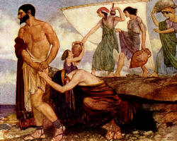William Russell Flint - 'It was the fourth day when he had accomplished all. And lo, on the fifth, the fair Calypso sent him on his way from the island' from ''The Odyssey of Homer'' (1924)