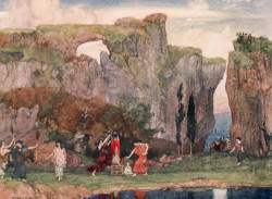 William Russell Flint - 'Now Pentheus from a lofty cliff was watching all ... Autonoe first beheld him, ... and, rushing suddenly, with her feet dashed all confused the mystic things of Bacchus the wild' from ''Theocritus, Bion and Moschus'' (1922)