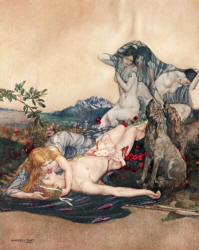 William Russell Flint - '''Woe, woe for Cypris,'' the mountains are all saying, and the oak-trees answer, ''Woe for Adonis''' from ''Theocritus, Bion and Moschus'' (1922)