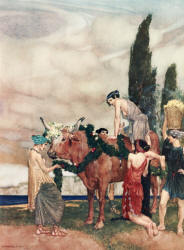 William Russell Flint - 'Come, dear playmates, maidens of like age wth me, let us mount the bull here and take our pastime, ... how mild he is, and dear, and gentle to behold, and no whit like other bulls' from ''Theocritus, Bion and Moschus'' (1922)