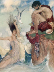 William Russell Flint - 'To hear this makes her jealous of me, by Paean, and she wastes with pain, and springs madly from the sea' from ''Theocritus, Bion and Moschus'' (1922)