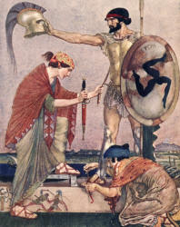 William Russell Flint - 'Hiero, like the mighty men of old, girds himself for fights, and the horse-hair crest is shadowing his helmet' from ''Theocritus, Bion and Moschus'' (1922)