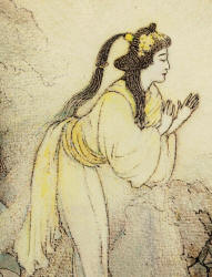 Detail from Warwick Goble's '... they bore the tree before the rock cavern where the Sun Goddess was' from the tale 'Susa, the Impetuous' in ''Green Willow and Other Japanese Fairy Tales''