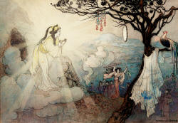 Warwick Goble's '... they bore the tree before the rock cavern where the Sun Goddess was' from the tale 'Susa, the Impetuous' in ''Green Willow and Other Japanese Fairy Tales''